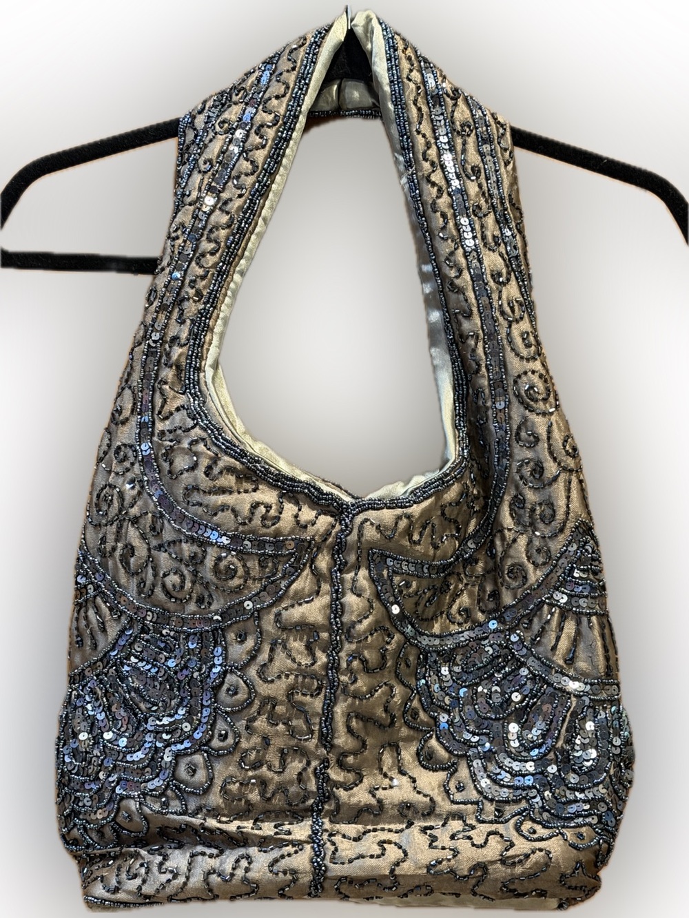 Vintage Black Beaded Sequin Evening Shoulder Bag Satin Purse Formal Cocktail